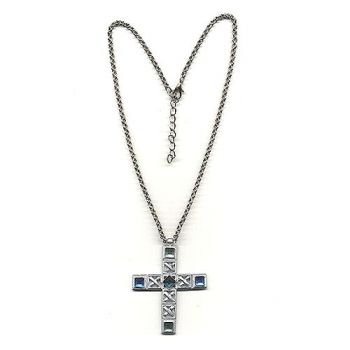 Collier, Kreuz, silber-matt blau-türkis 46cm